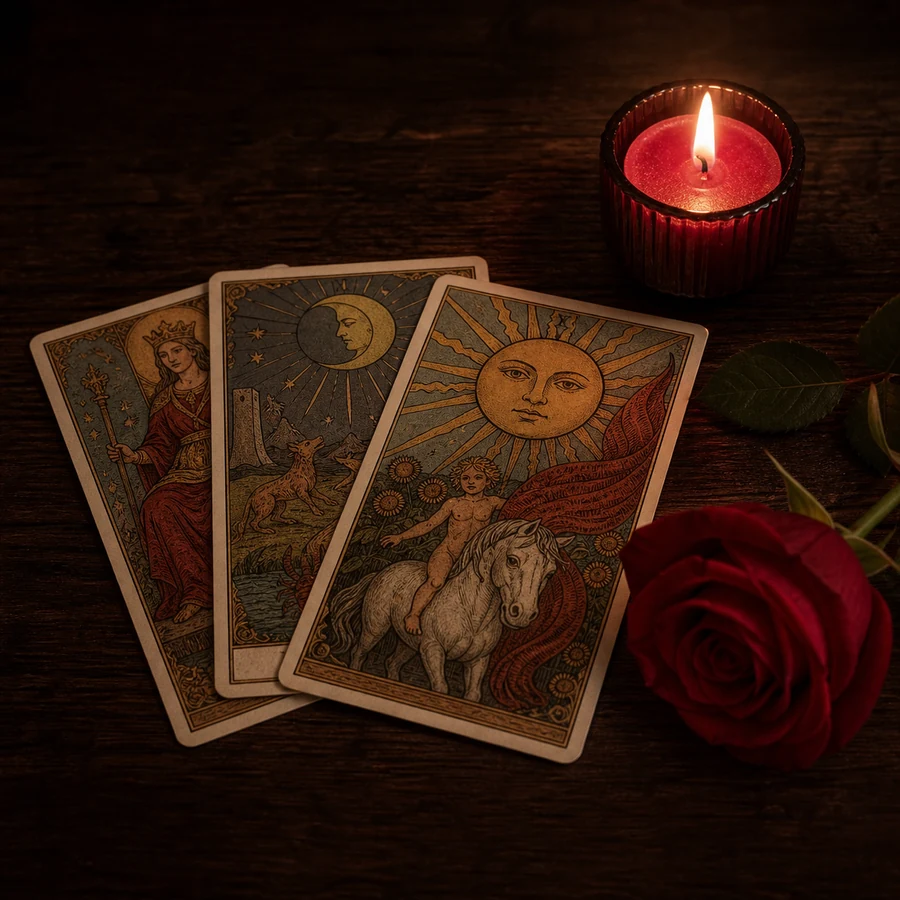 Cartas de tarot, vela e rosa vermelha