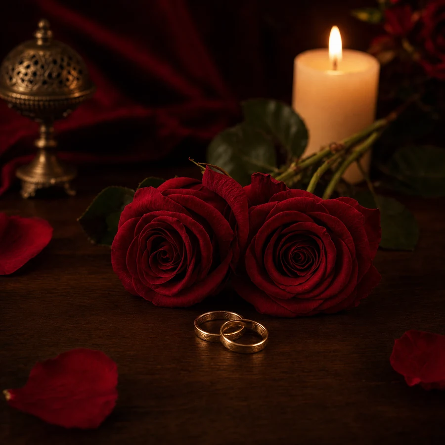 Duas rosas vermelhas e alianças douradas