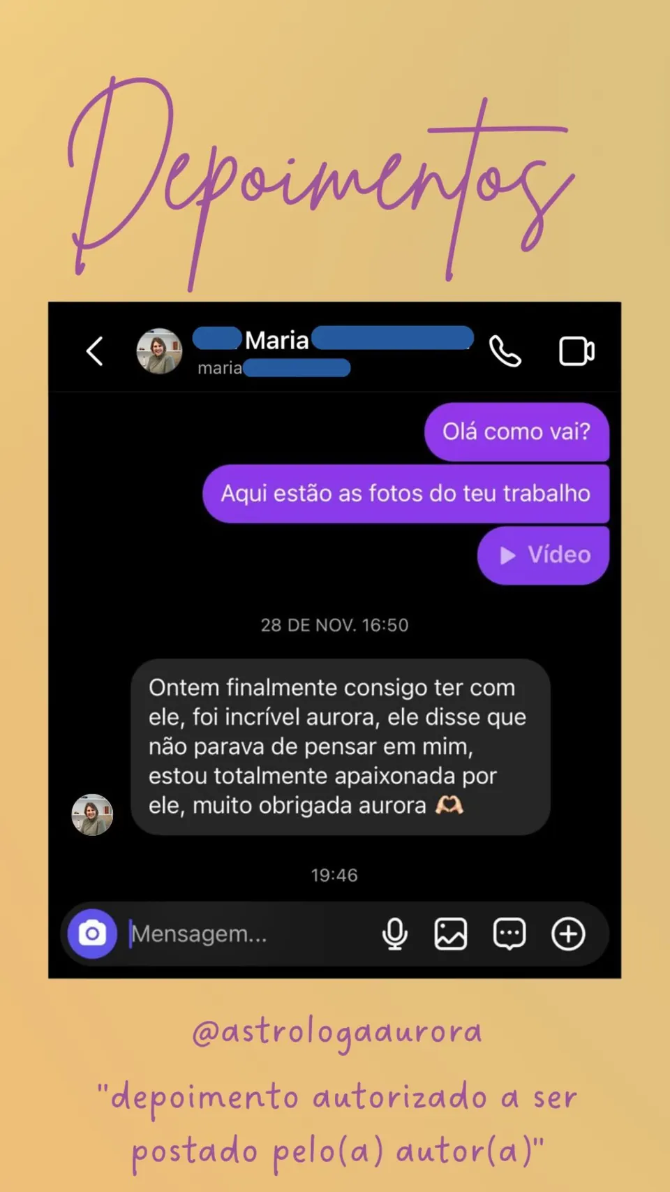 Print de conversa de depoimento de cliente, autorizado pela autora para divulgação