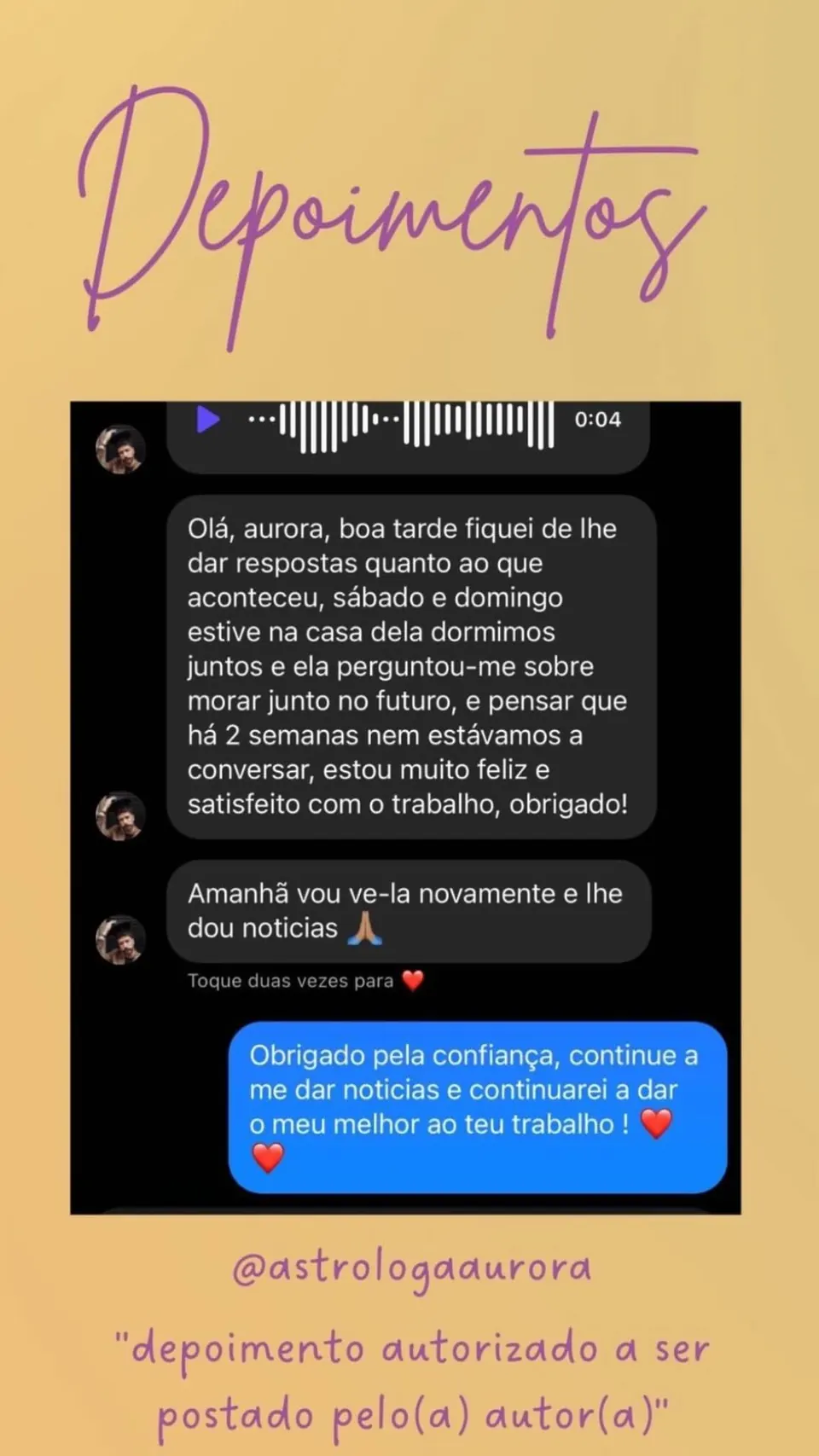 Print de conversa de depoimento de cliente, autorizado pela autora para divulgação
