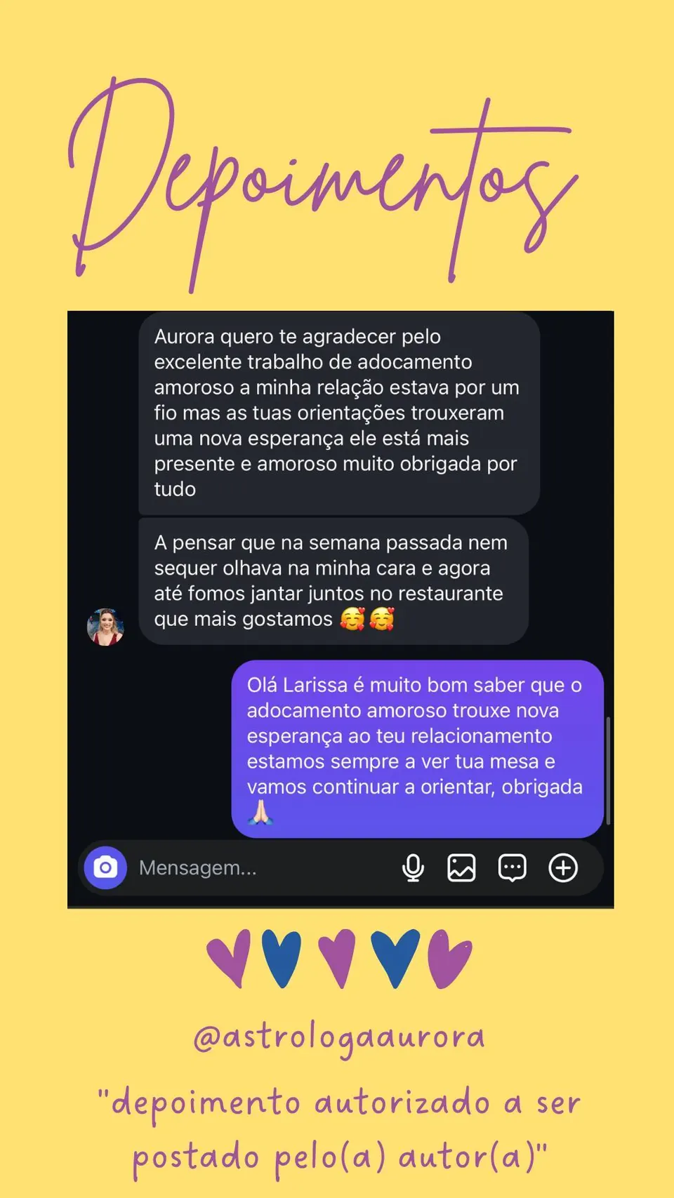 Print de conversa de depoimento de cliente, autorizado pela autora para divulgação