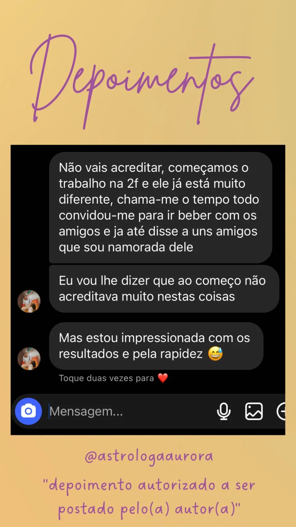 Print de conversa de depoimento de cliente, autorizado pela autora para divulgação