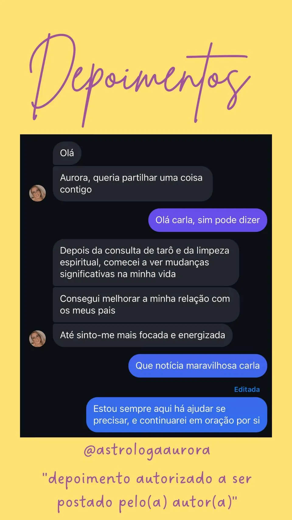 Print de conversa de depoimento de cliente, autorizado pela autora para divulgação
