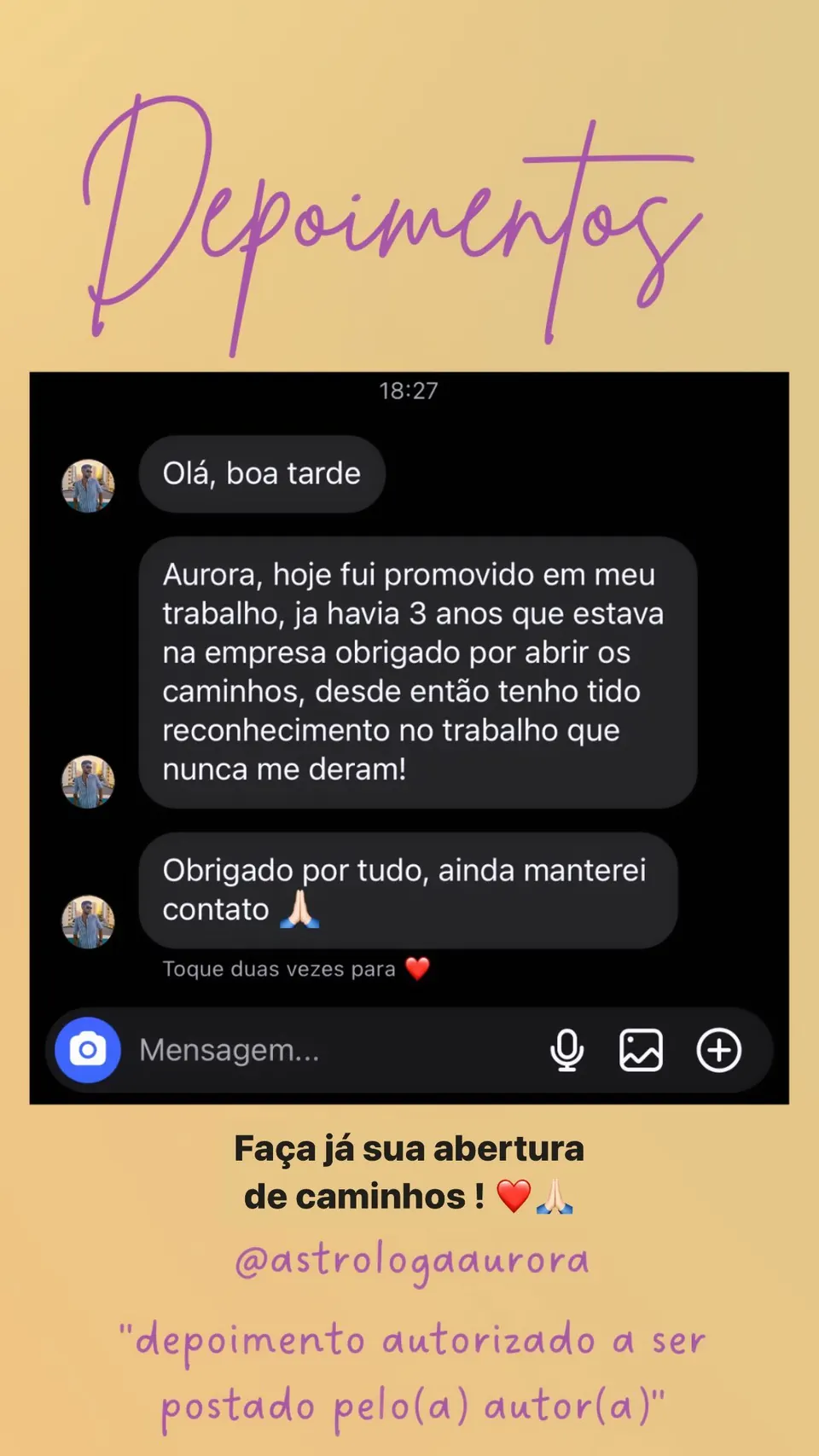 Print de conversa de depoimento de cliente, autorizado pela autora para divulgação