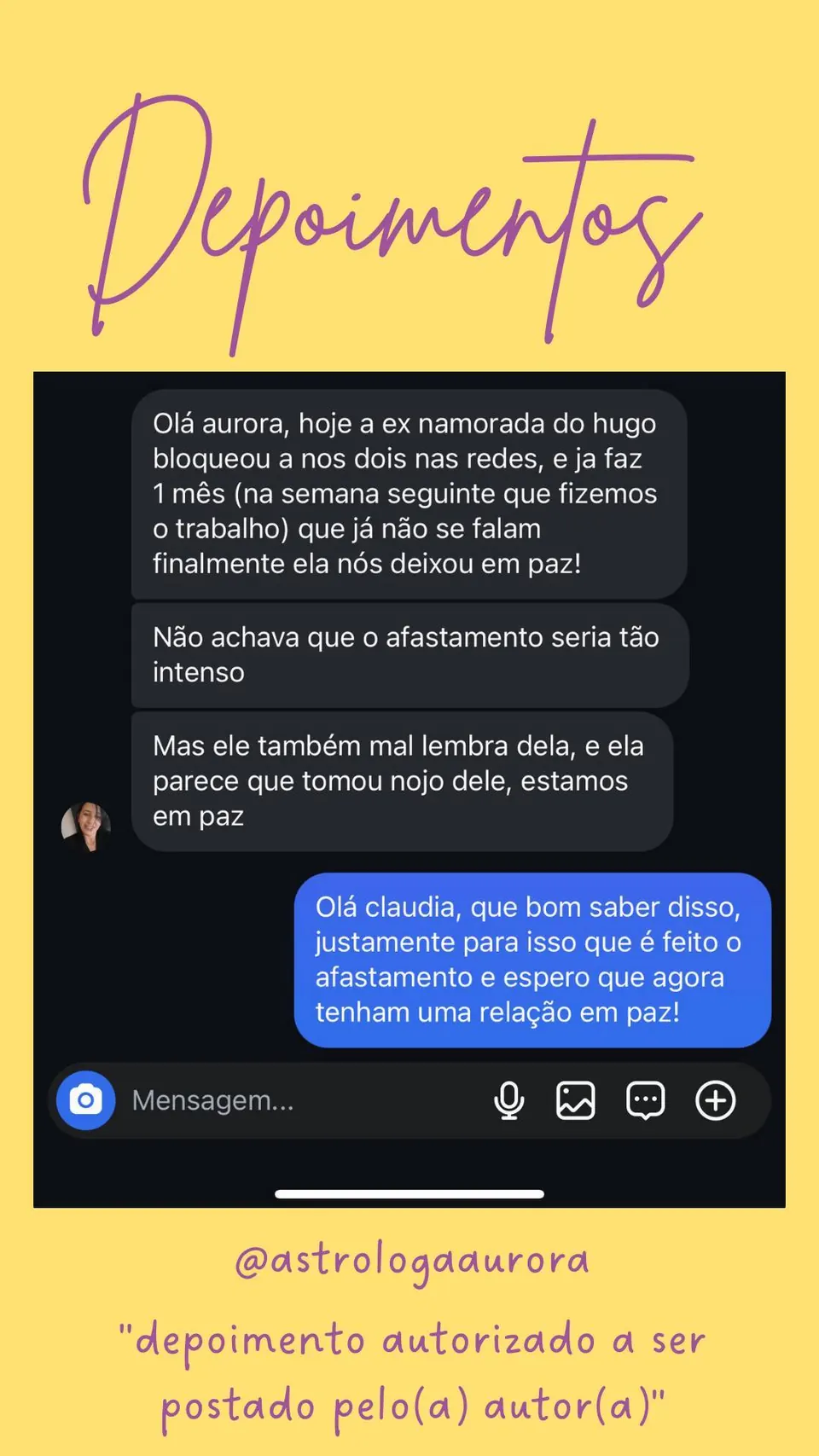 Print de conversa de depoimento de cliente, autorizado pela autora para divulgação
