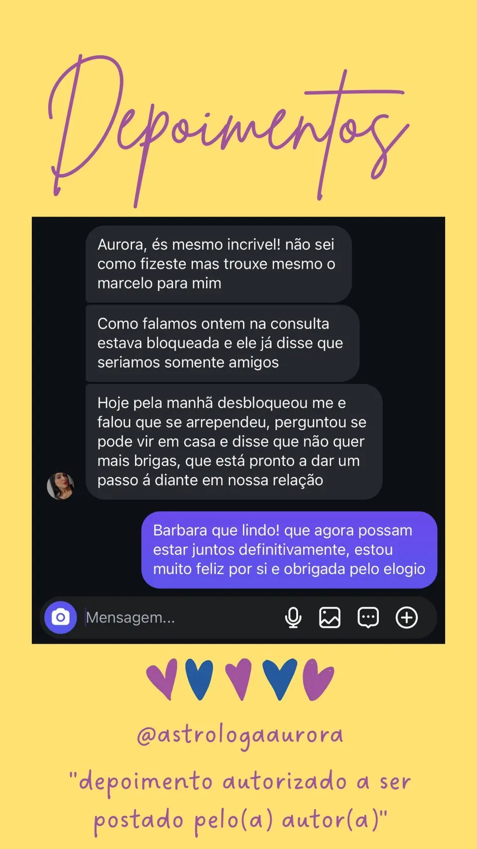 Print de conversa de depoimento de cliente, autorizado pela autora para divulgação