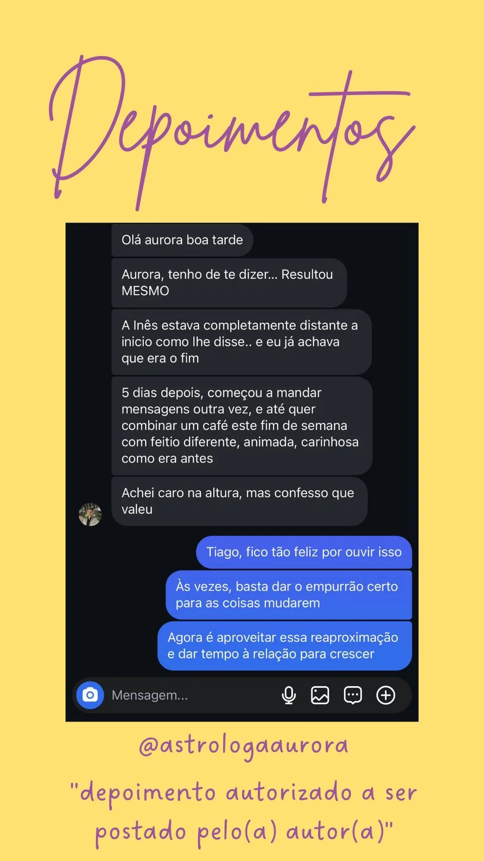 Print de conversa de depoimento de cliente, autorizado pela autora para divulgação