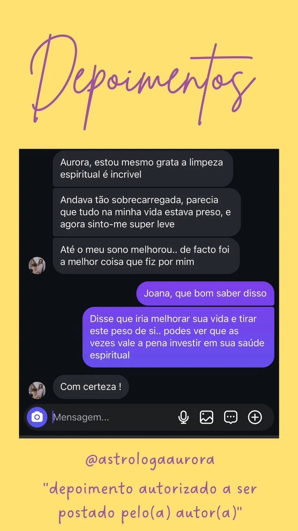 Print de conversa de depoimento de cliente, autorizado pela autora para divulgação