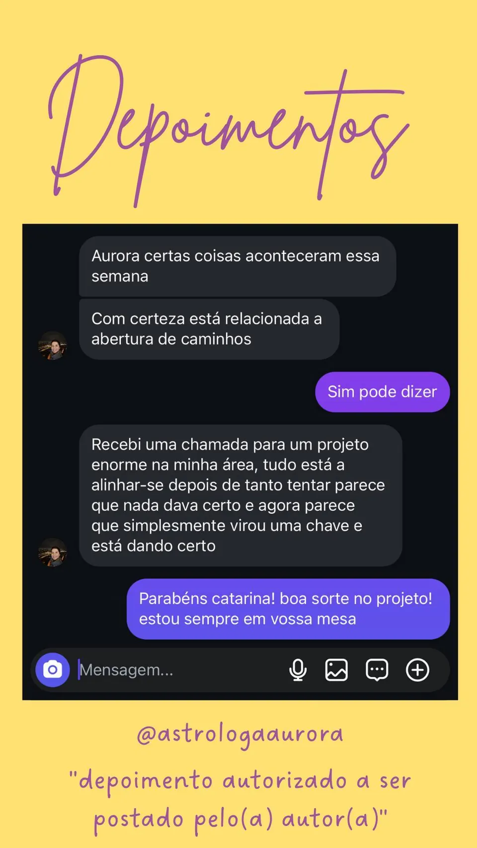 Print de conversa de depoimento de cliente, autorizado pela autora para divulgação
