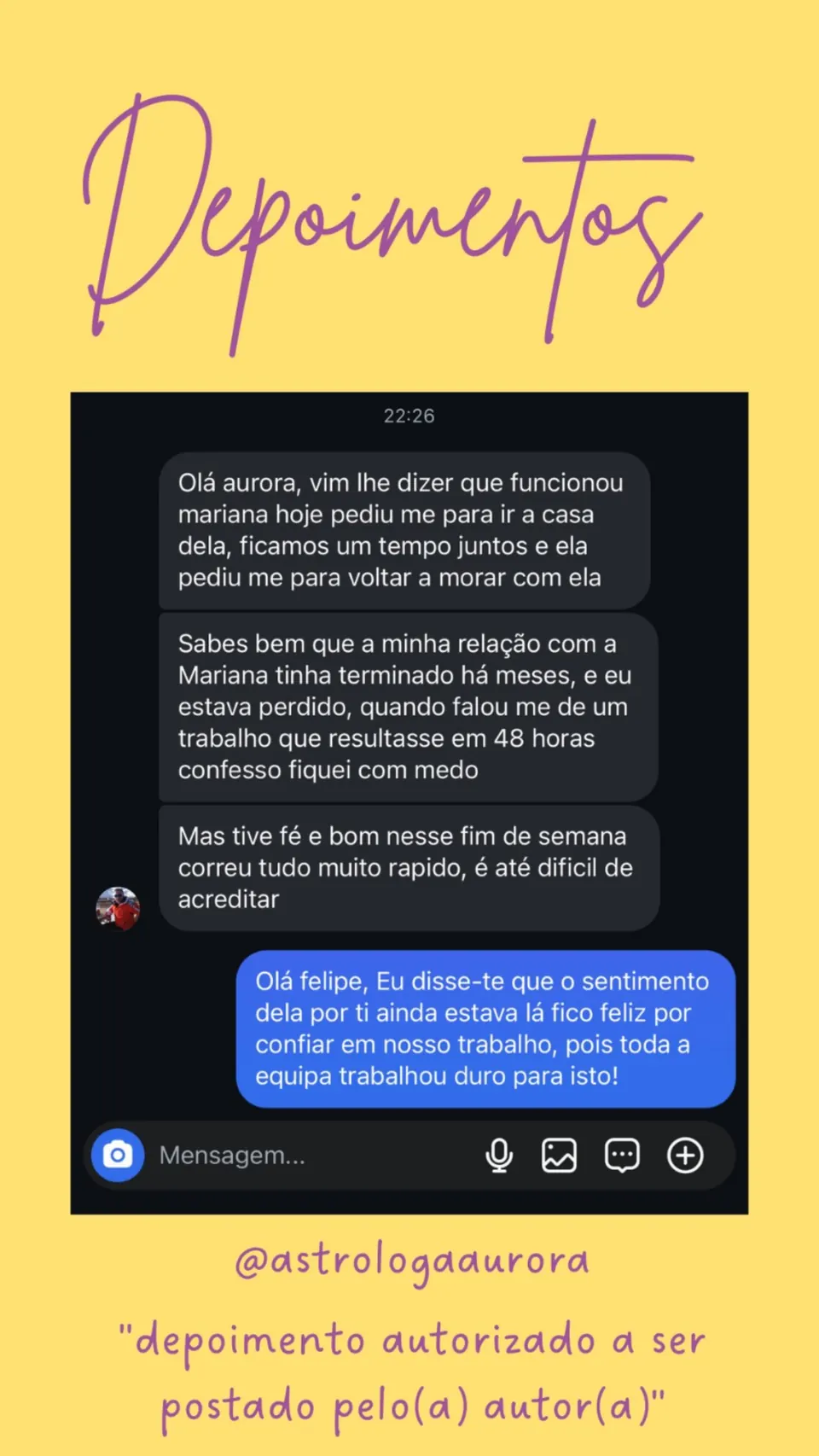 Print de conversa de depoimento de cliente, autorizado pela autora para divulgação