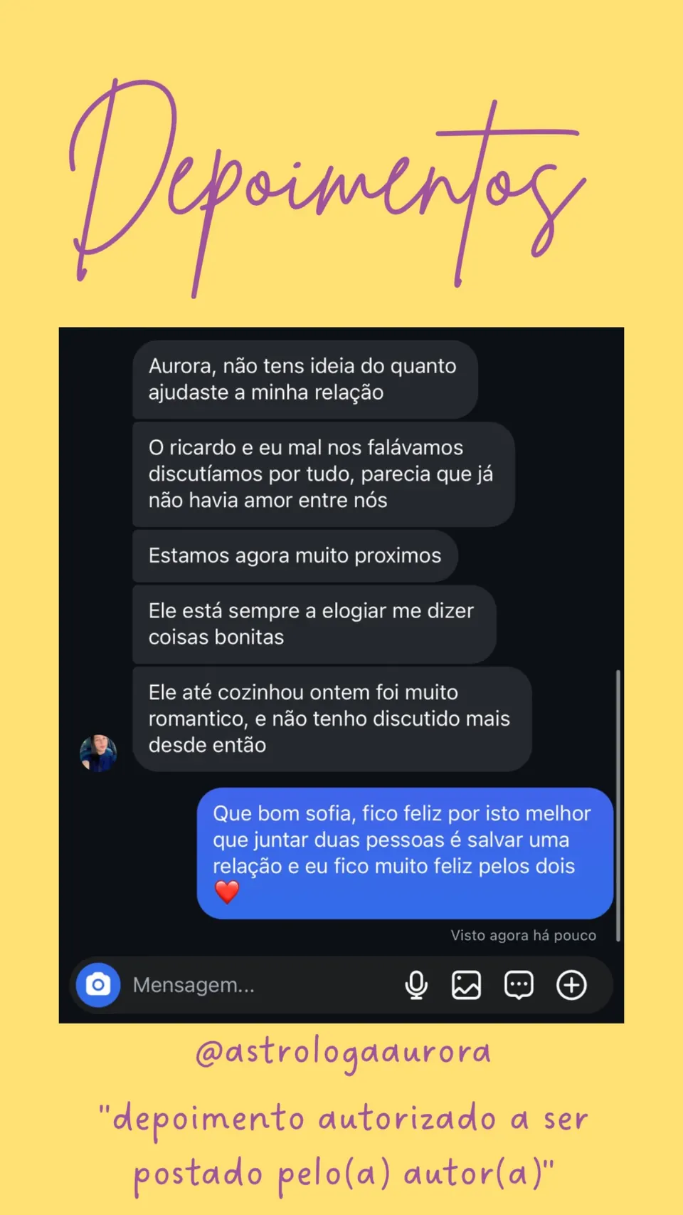 Print de conversa de depoimento de cliente, autorizado pela autora para divulgação
