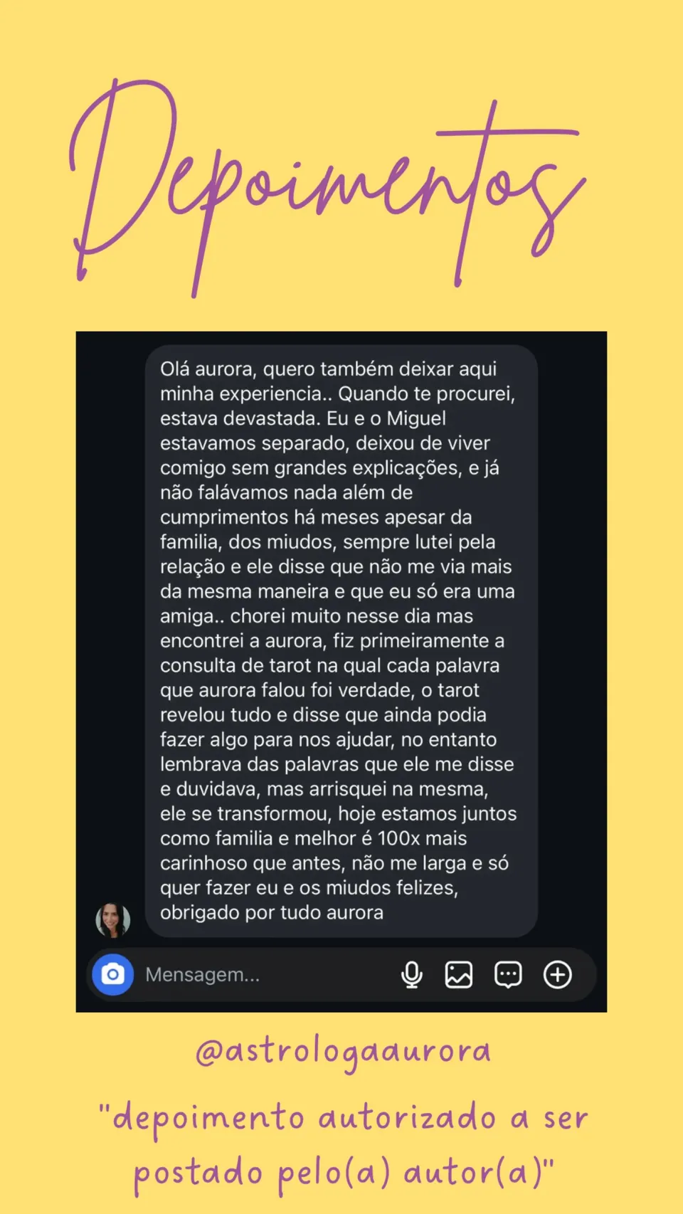 Print de conversa de depoimento de cliente, autorizado pela autora para divulgação