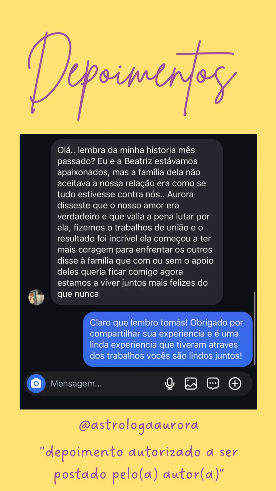 Print de conversa de depoimento de cliente, autorizado pela autora para divulgação
