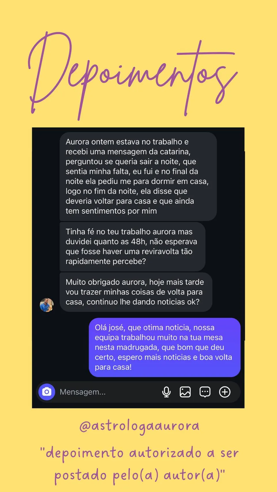 Print de conversa de depoimento de cliente, autorizado pela autora para divulgação