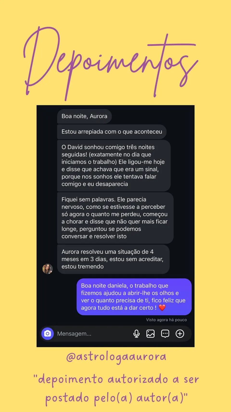 Print de conversa de depoimento de cliente, autorizado pela autora para divulgação