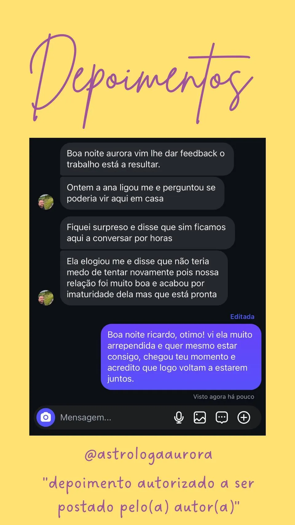 Print de conversa de depoimento de cliente, autorizado pela autora para divulgação