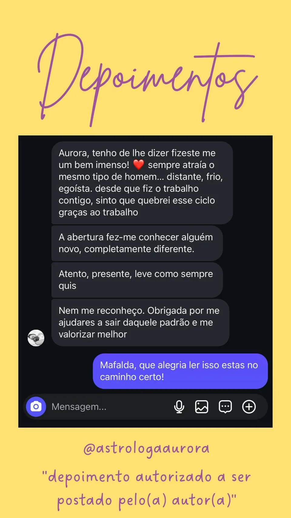 Print de conversa de depoimento de cliente, autorizado pela autora para divulgação